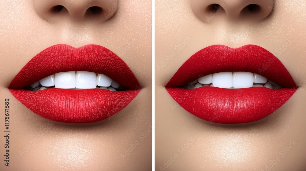 Obraz premium Close-Up View of Beautiful Lips with Bright Red Lipstick Showcasing Smooth Skin and Flawless Finish