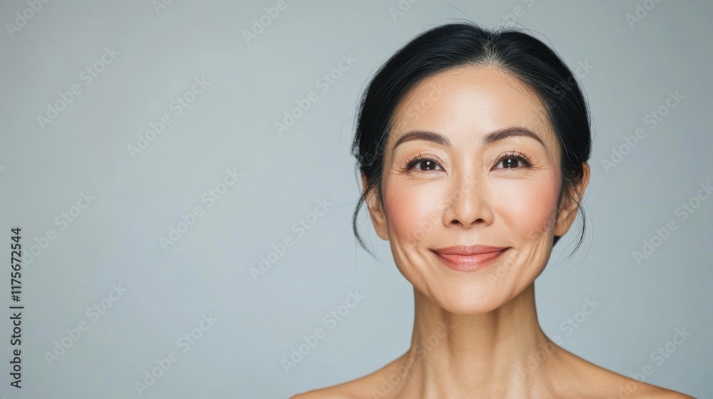 Natural beauty portrait of a middle-aged Asian woman smiling gracefully, her smooth skin highlighted in a clean and elegant composition.