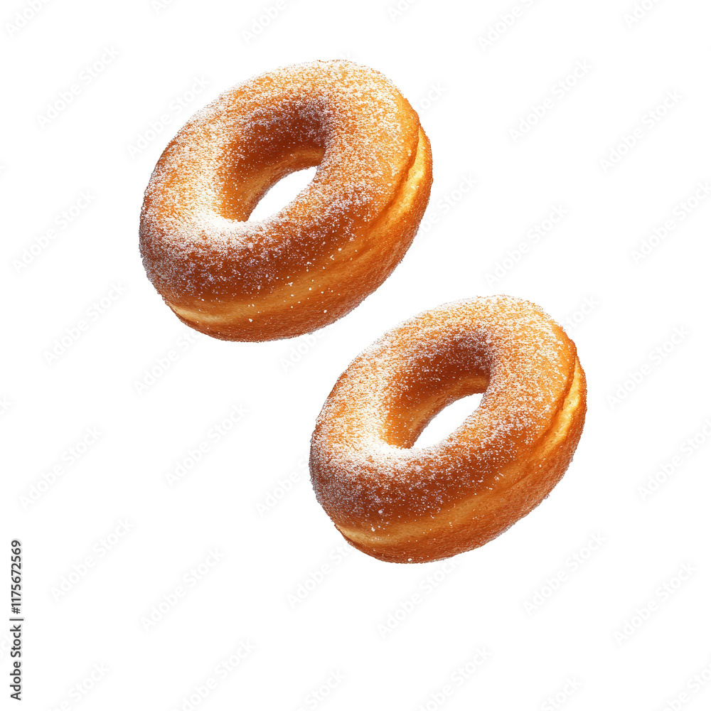 Delicious donuts floating in mid air against a transparent background with a sprinkle of sugar, dougnuts floating on the air isolated transparent background Delicious donuts floating in mid air against a transparent background with a sprinkle of sugar, dougnuts floating on the air isolated transparent background