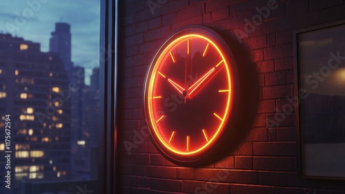 A glowing wall clock with neon red accents, showcasing modern design and urban ambiance