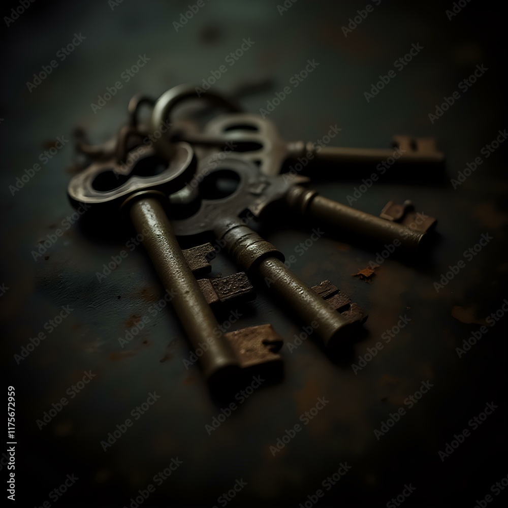 A close-up image of several rusted, metal keys lying on a dark, textured surface. A close-up image of several rusted, metal keys lying on a dark, textured surface.