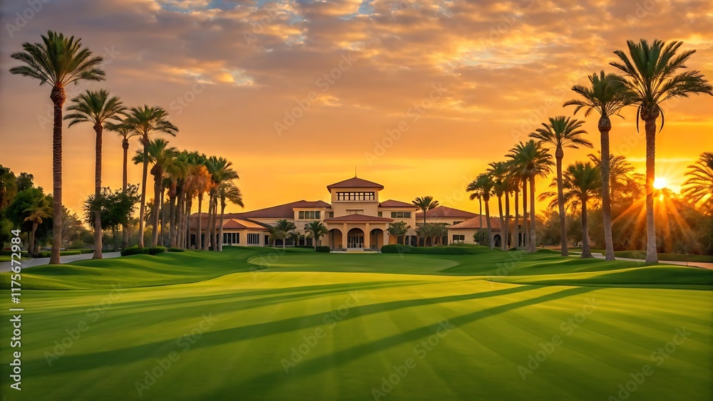 Obraz premium Golden Hour Golf Course with Lush Fairways and Elegant Clubhouse