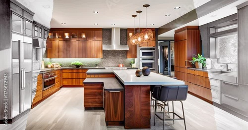 Before and After of Woman Using Painting Roller to Reveal Completed Custom Kitchen Under Unfinished Construction.