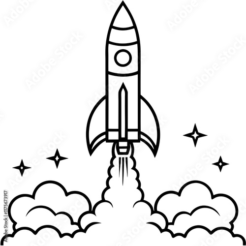 Rocket Launch Line Art Vector Illustration