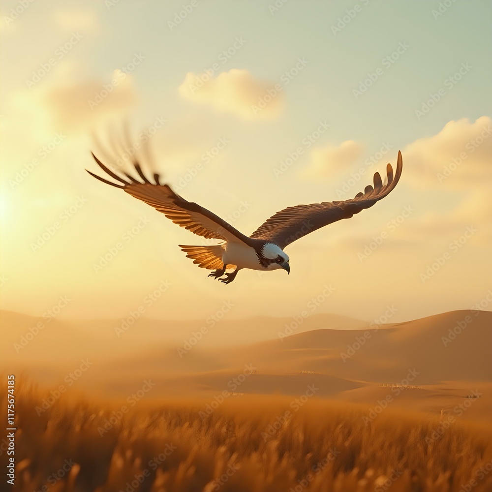 Naklejka premium A majestic bird of prey, possibly a hawk or eagle, is captured in mid-flight against a breathtaking backdrop of a sunrise over a vast, sun-dappled desert landscape.