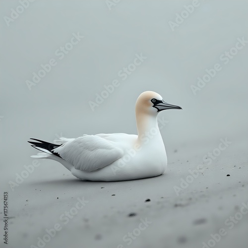 A serene image of a white bird with a light beak and dark wingtips resting on a sandy shore.