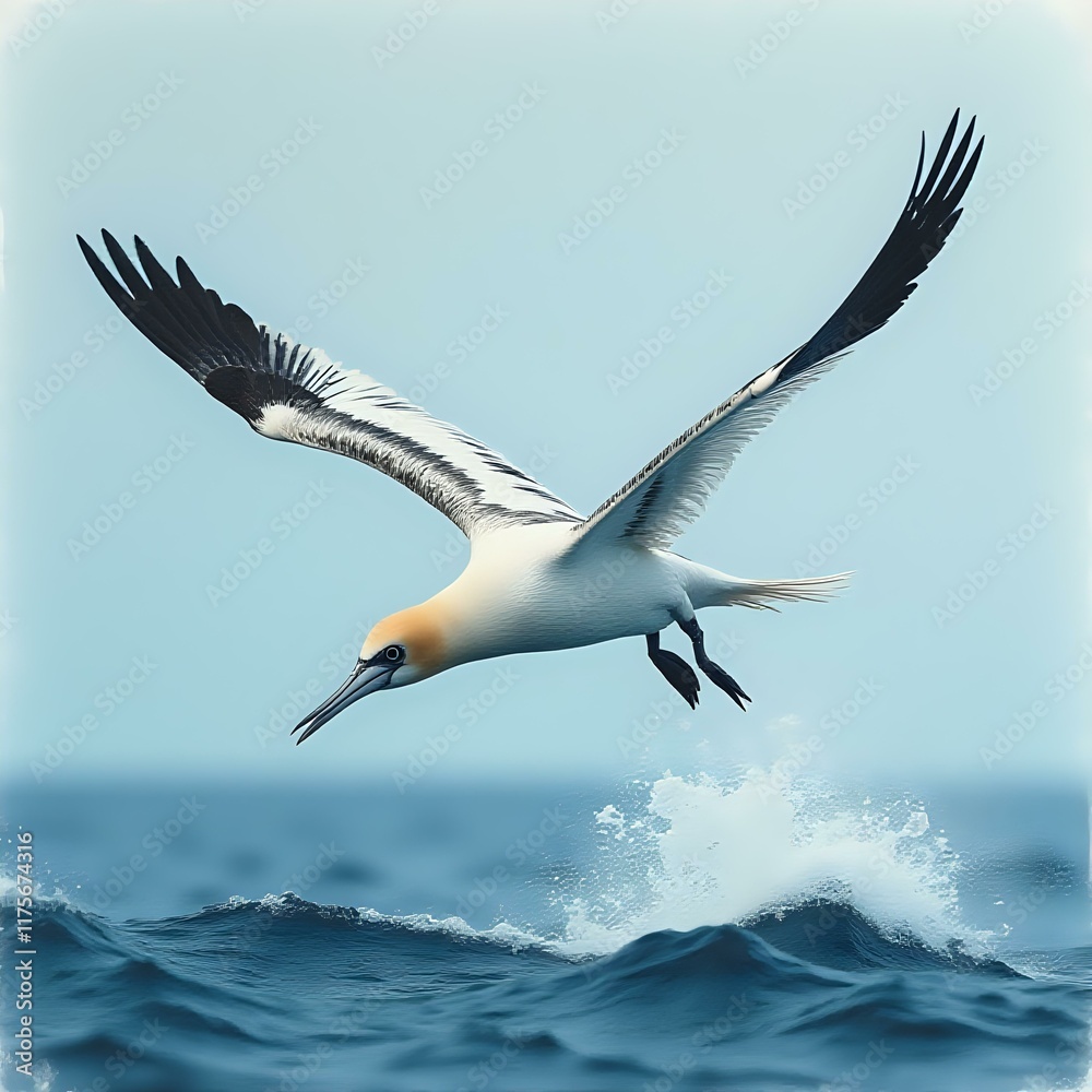 Obraz premium A seagull with white and black plumage is captured in mid-flight, soaring above the ocean's surface with waves breaking below.