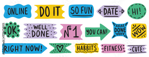 Colorful stickers work words and phrases doodle funny set. Doodle style vector clipart