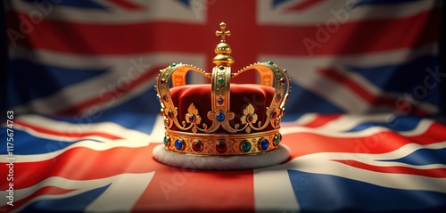Royal golden crown rests on golden pillow. UK flag background. Symbol of British monarchy. Majestic, regal. Ceremonial image represents power, tradition of UK. Image shows crown, flag. Suitable for