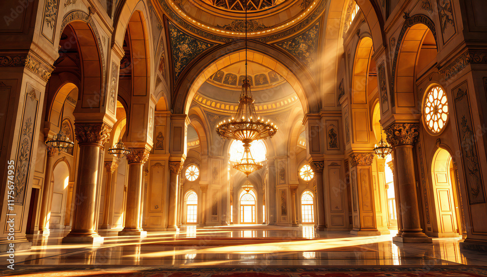 Obraz premium Grand interior of an ornate hall with high ceilings and large arched windows. Sunlight streams through the windows, creating rays of light that illuminate the space.