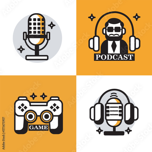 Podcasting and gaming elements in digital design showcasing microphone, headset, and controller