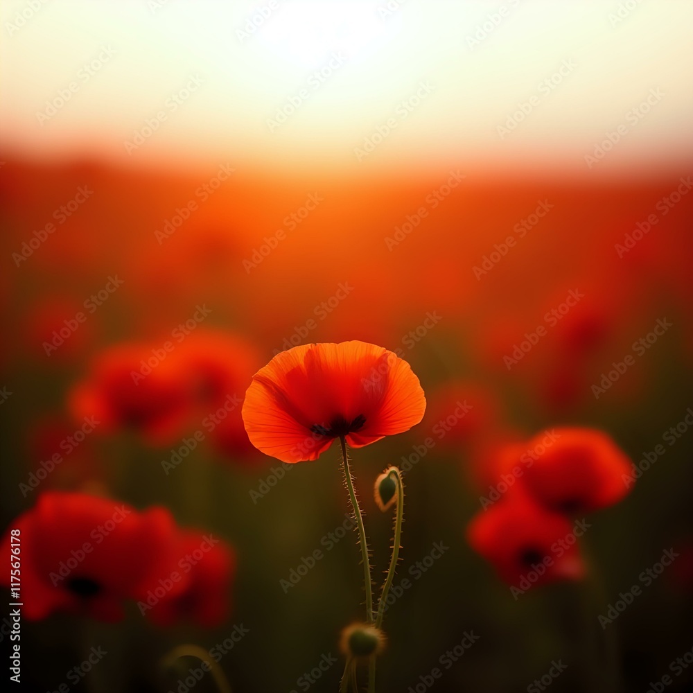 Obraz premium The image features a cluster of vibrant red poppy flowers set against a blurred background, with the sun's rays shining through the top left corner, creating a warm, golden glow.