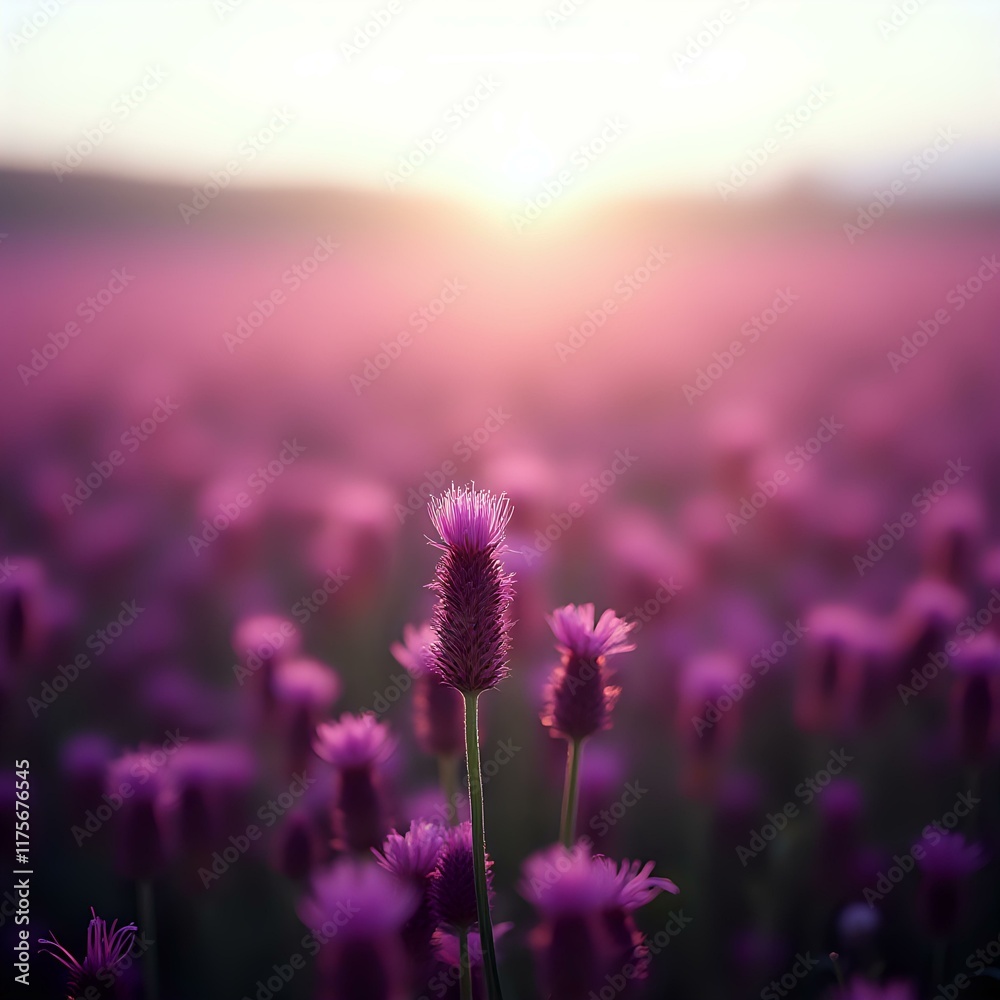 Obraz premium The image features a field of purple flowers with a blurred background, likely a sunset, creating a serene and dreamy atmosphere.