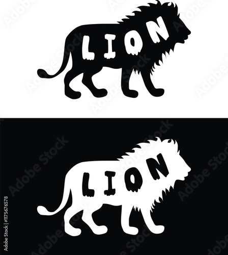 Lion Silhouette with Typography Design – Striking Black and White Vector Art for T-Shirt Printing, Merchandise, Logos, and Creative Apparel Concepts