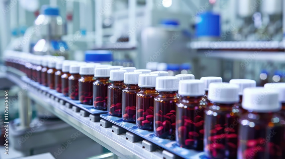 Production line of pharmaceuticals with bottles filled with red capsules in modern facility Production line of pharmaceuticals with bottles filled with red capsules in modern facility