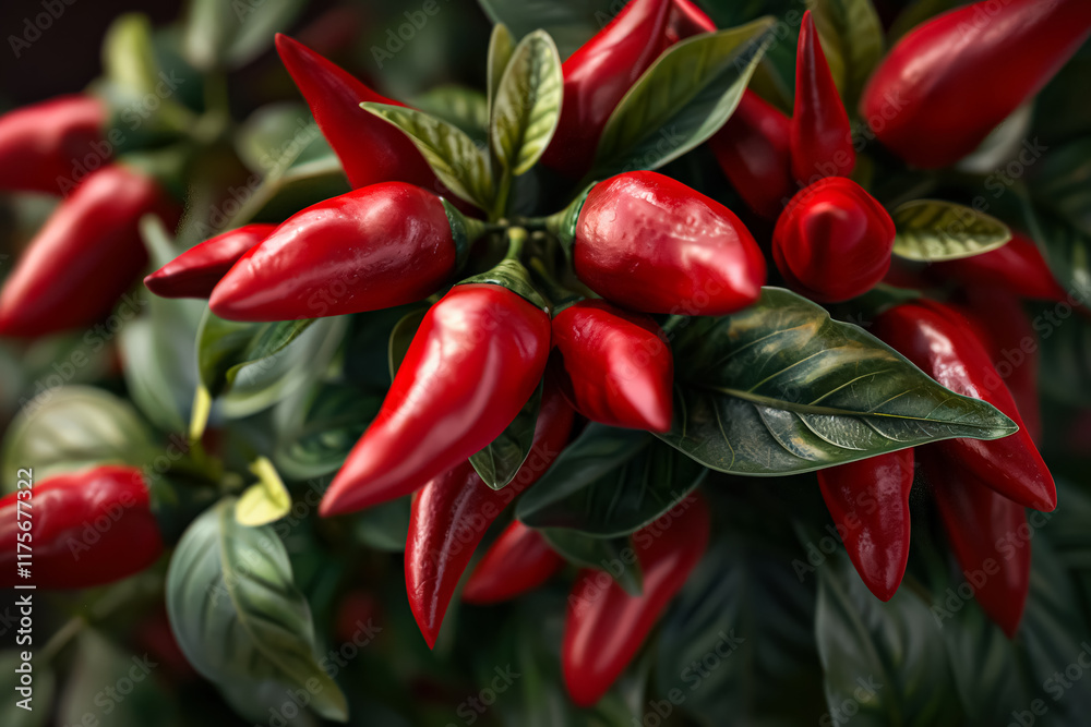 Close up of red peppers with green leaves Close up of red peppers with green leaves