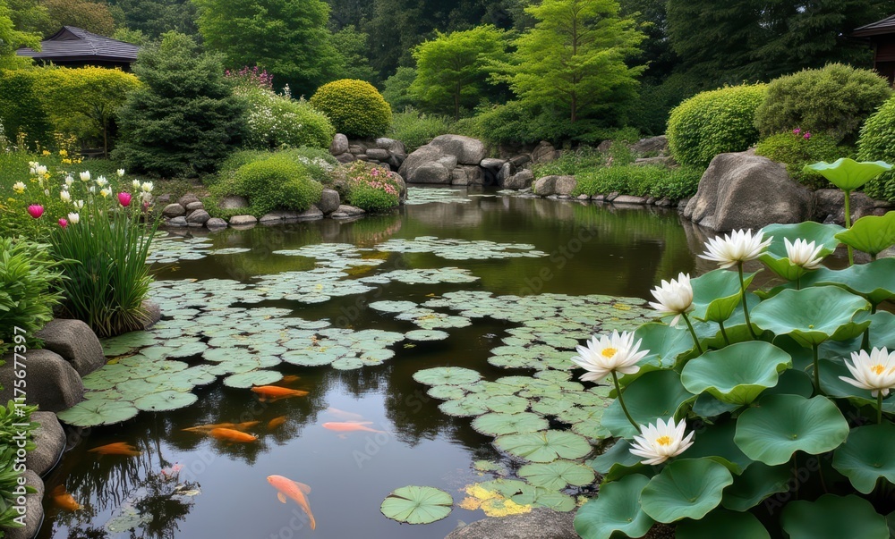 Serene garden with koi fish and lilies Serene garden with koi fish and lilies