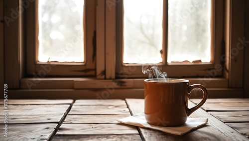 Steaming Rustic Mug by a Window on Wooden Table photo