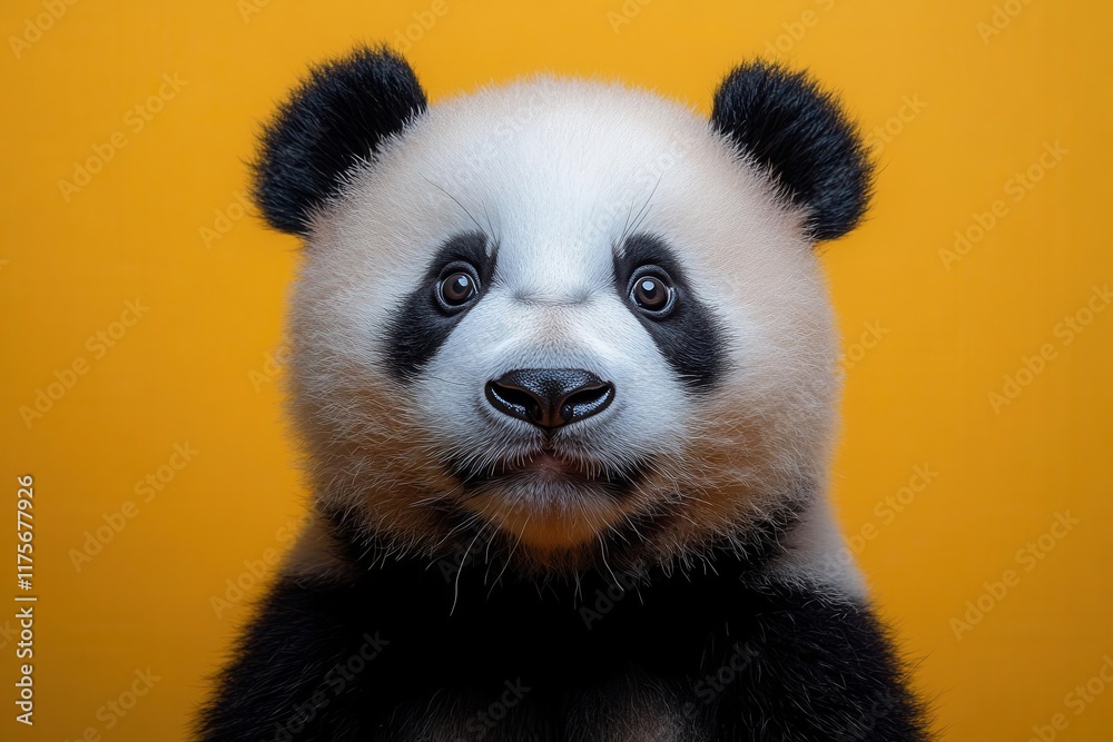 surprised panda standing against a bright yellow background capturing a whimsical moment of wonder and delight in a playful illustration