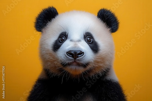 Obraz na płótnie surprised panda standing against a bright yellow background capturing a whimsical moment of wonder and delight in a playful illustration w salonie
