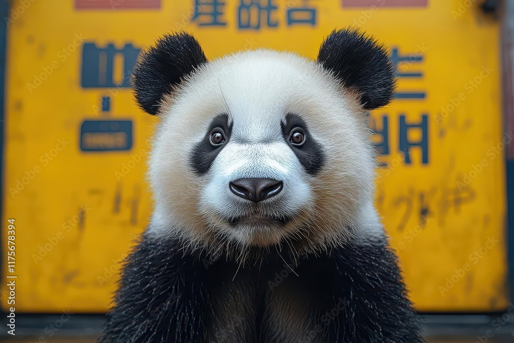 surprised panda standing against a bright yellow background capturing a whimsical moment of wonder and delight in a playful illustration