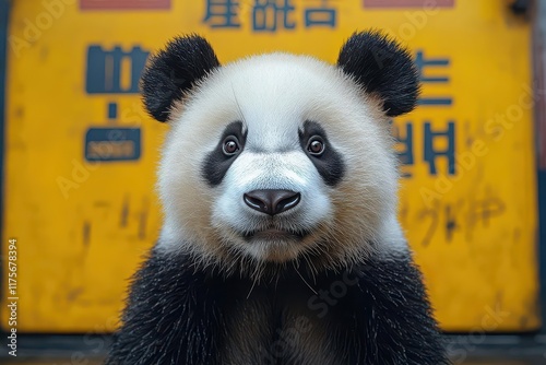 Obraz na płótnie surprised panda standing against a bright yellow background capturing a whimsical moment of wonder and delight in a playful illustration w salonie