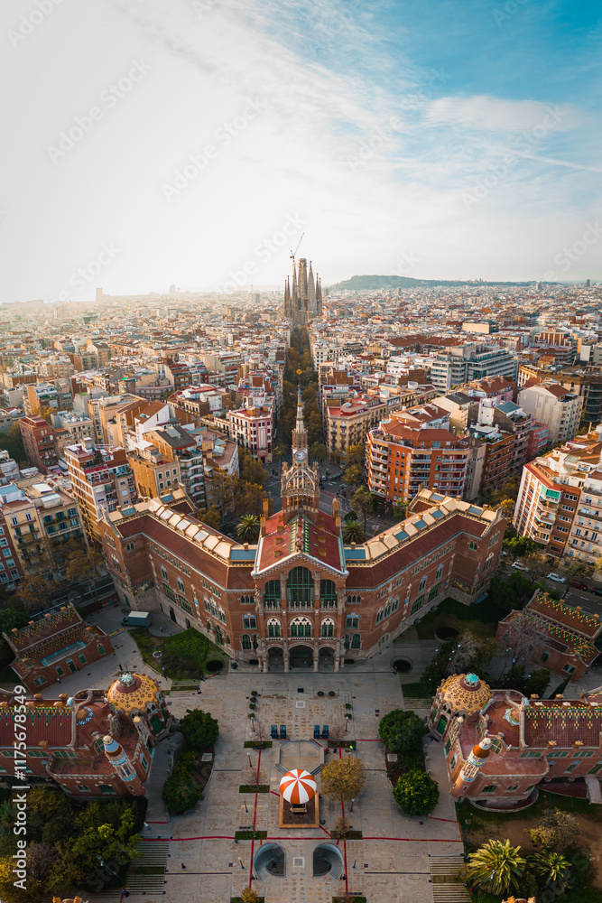 Naklejka premium Aerial view of Barcelona and Sagrada Familia Basilica at sunrise. Catalonia, Spain