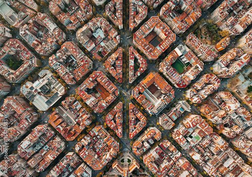 Aerial view of Barcelona and Sagrada Familia Basilica at sunrise. Catalonia, Spain