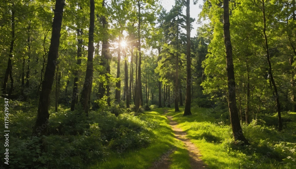 Fototapeta premium A peaceful forest scene with sunlight filtering through the trees.