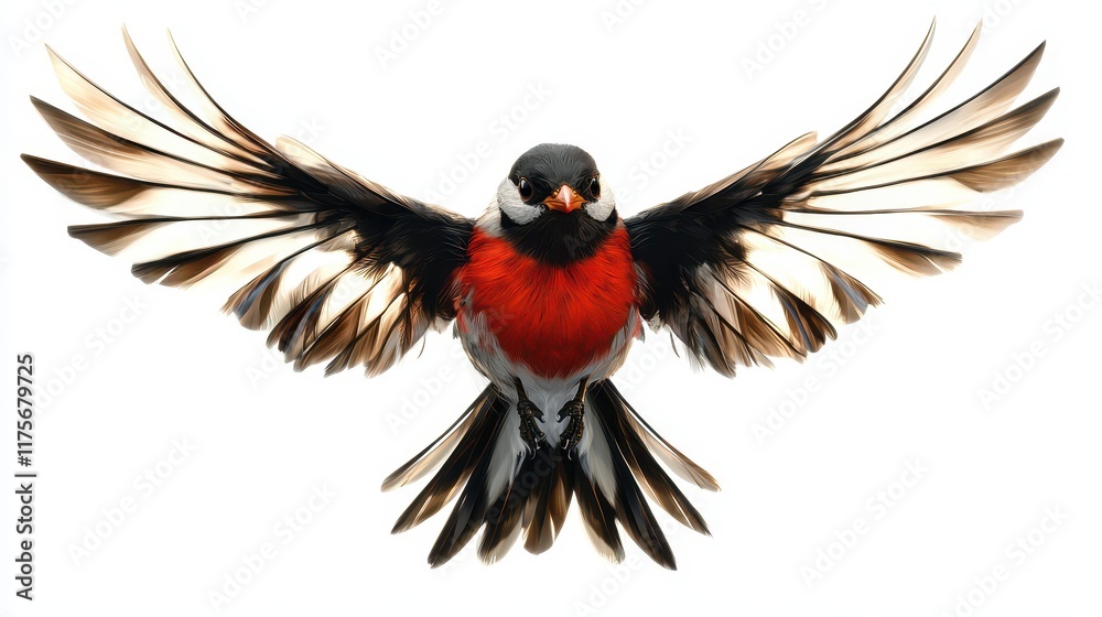 Obraz premium Magnificent Bird in Flight with Colorful Feathers and Intricate Wing Patterns Against a Bright White Background