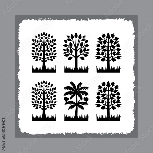 Set of Four Black Silhouette Palm Trees Elegant Nature Illustrations Classic Botanical Art
