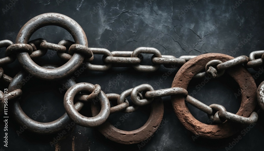 Weathered iron chains intertwined with corroded metal rings on a dark, smoky grunge backdrop Weathered iron chains intertwined with corroded metal rings on a dark, smoky grunge backdrop