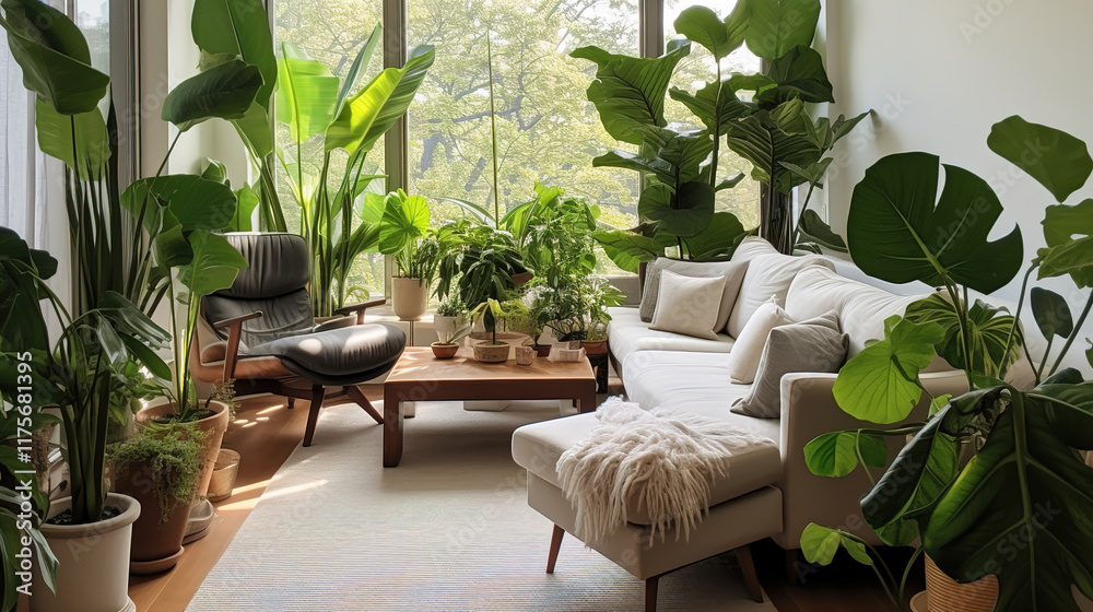 Fototapeta premium Serene Plant-Filled Living Room with Cozy Vibe