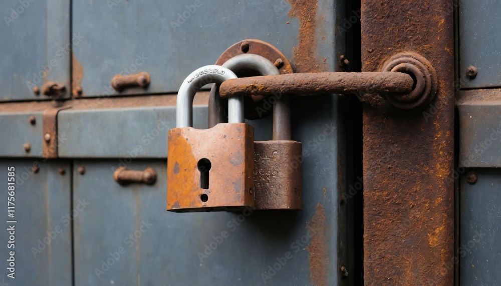 Weathered iron padlock placed at the rusty corner of an old steel storage unit Weathered iron padlock placed at the rusty corner of an old steel storage unit