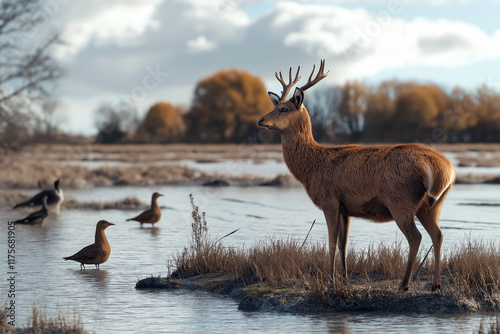 Wildlife displaced by flooding, including deer and birds on a tiny island of dry land. photo