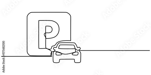 parking continuous line one drawing pro vector illustration, Parking icon one line vector. Drawing of a car parking sign contour black line vector. Outline parking line vector. Vector illustration.   