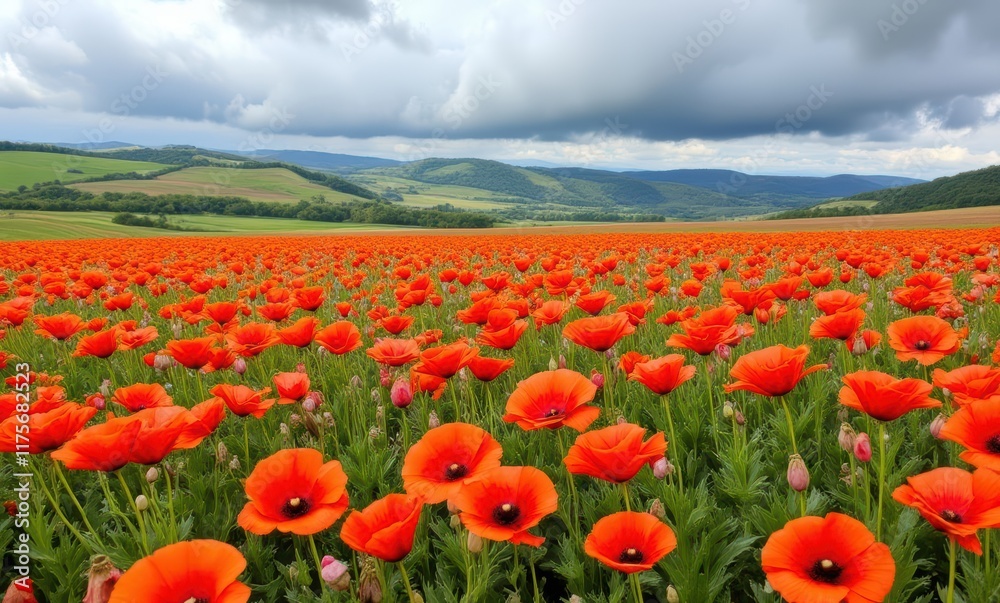 Vibrant orange poppy field under cloudy sky Vibrant orange poppy field under cloudy sky