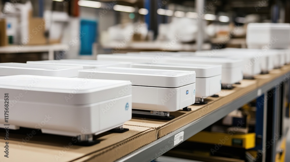 Modern Warehouse Displaying High-Tech Equipment on Shelves, Emphasizing Efficient Organization and Advanced Technology in Industrial Environment Modern Warehouse Displaying High-Tech Equipment on Shelves, Emphasizing Efficient Organization and Advanced Technology in Industrial Environment