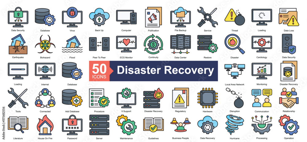 Fototapeta premium Disaster Recovery Icon Collection Set.Containing data security, database, virus, back up, computer, publication, file backup, service, threat icon. Simple lineal style Vector Illustration.