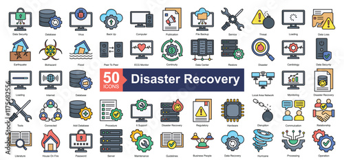 Disaster Recovery Icon Collection Set.Containing data security, database, virus, back up, computer, publication, file backup, service, threat icon. Simple lineal style Vector Illustration.