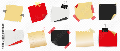 Set of colorful square stick-on stickers. Blank square label template with folded corners. Vector realistic illustration.