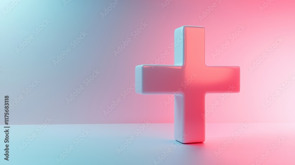 Fototapeta premium Modern Abstract Lighted Plus Sign in Pink and Blue Color Scheme on Minimalist Background