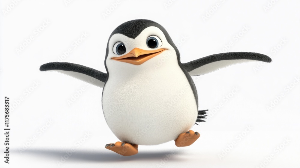 Fototapeta premium Cute cartoon penguin character joyfully leaping.