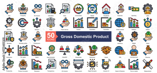 Gross Domestic Product Icon Collection Set.Containing rise, prosperity, all inclusive, calculation, index, consumption, market, household, expenses icon. Simple lineal style Vector Illustration.	