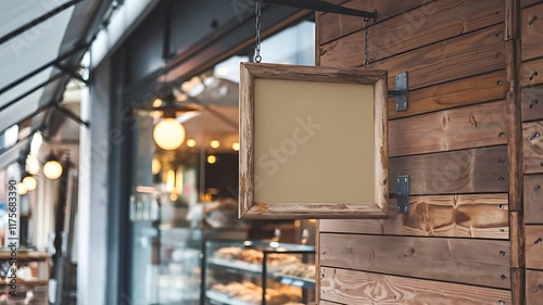 Modern Storefront Mockup with Blank Square Hanging Sign on Rustic Wooden Wall, Cozy Street Background