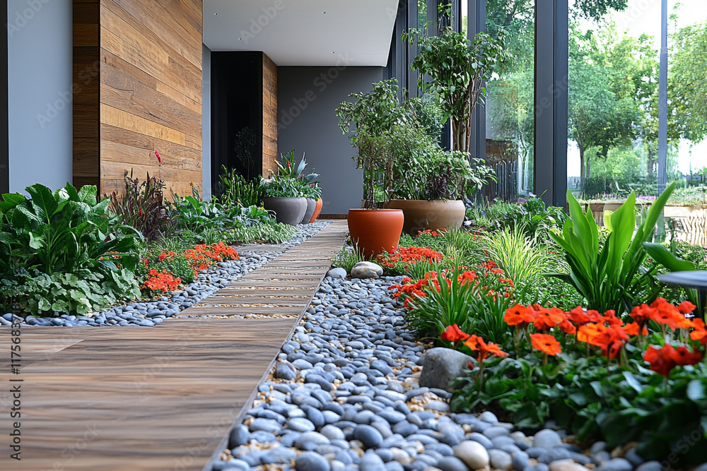 Fototapeta premium Modern Interior Garden Pathway Design With Plants And Stones