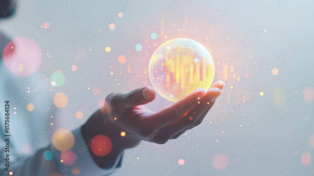 Man Holding a Glowing Orb with Data Visualizations and Abstract Background of Colorful Bokeh Lights Man Holding a Glowing Orb with Data Visualizations and Abstract Background of Colorful Bokeh Lights
