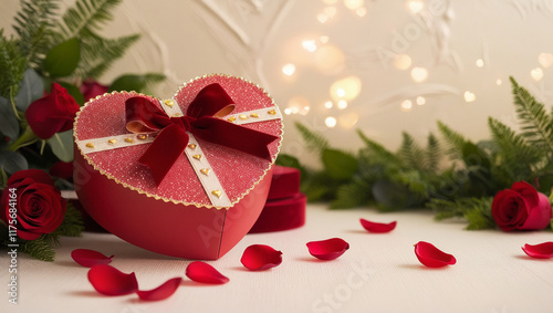 Red rose and gift box. Heart-shaped gift box with a red ribbon. Valentine's Day Banner. Greeting card, Valentine's Day invitation.