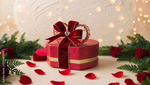 Gift box with red ribbon. Heart-shaped gift box with a red ribbon. Valentine's Day Banner. Greeting card, Valentine's Day invitation.