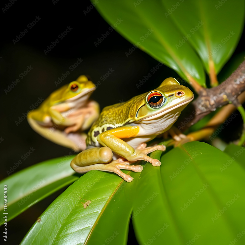 Dumpy frog litoria caerulea on green leaves dumpy frog on branch tree frog on branch Dumpy frog litoria caerulea on green leaves dumpy frog on branch tree frog on branch